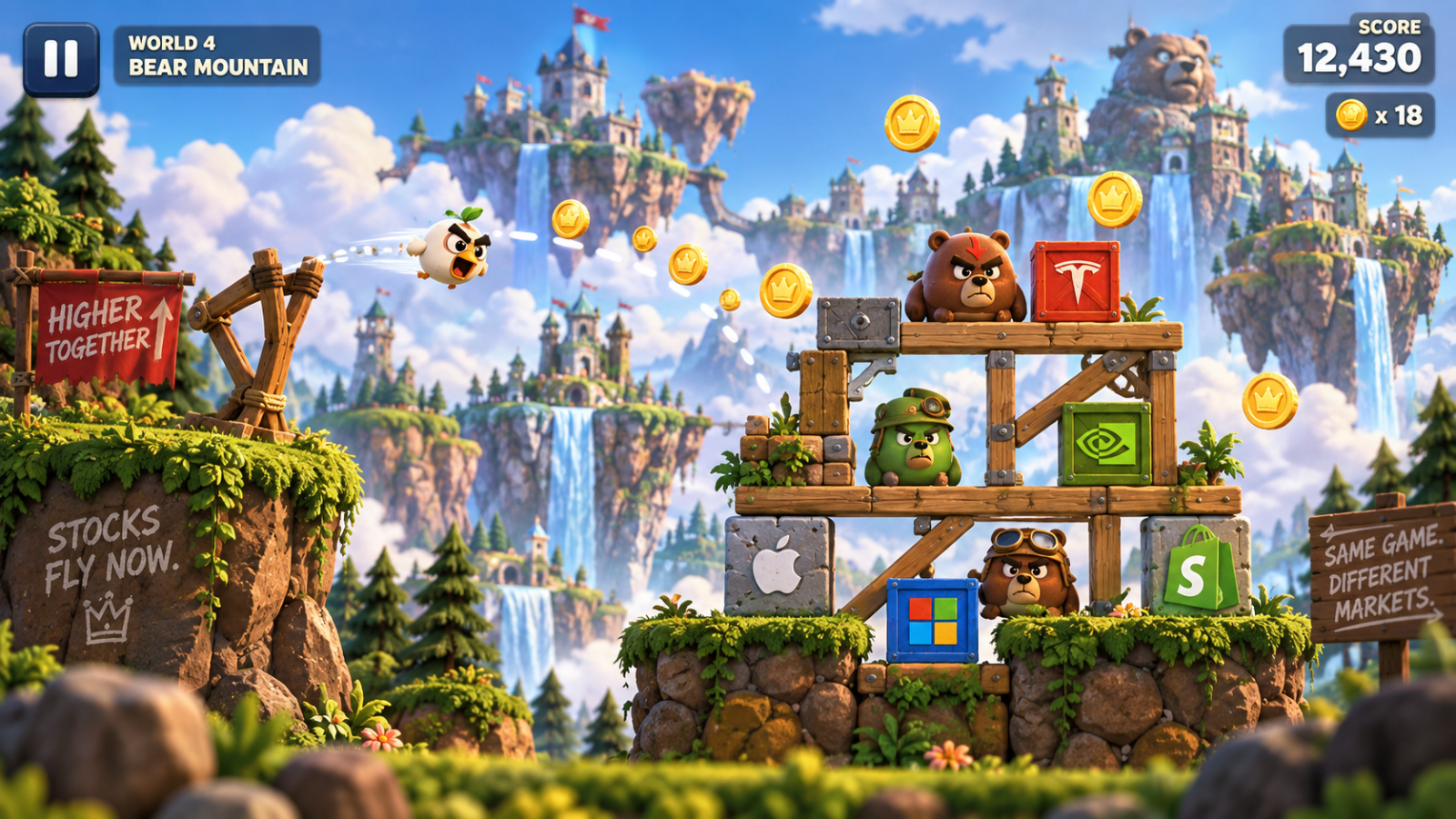 A round in progress: Flappy mid-flight toward a wooden bear fort with the score in the corner