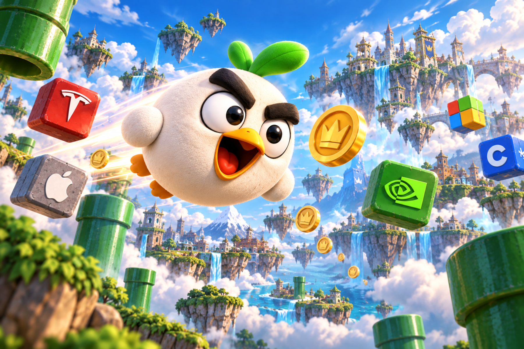 Flappy the clay bird streaking past stock blocks and coins over floating islands